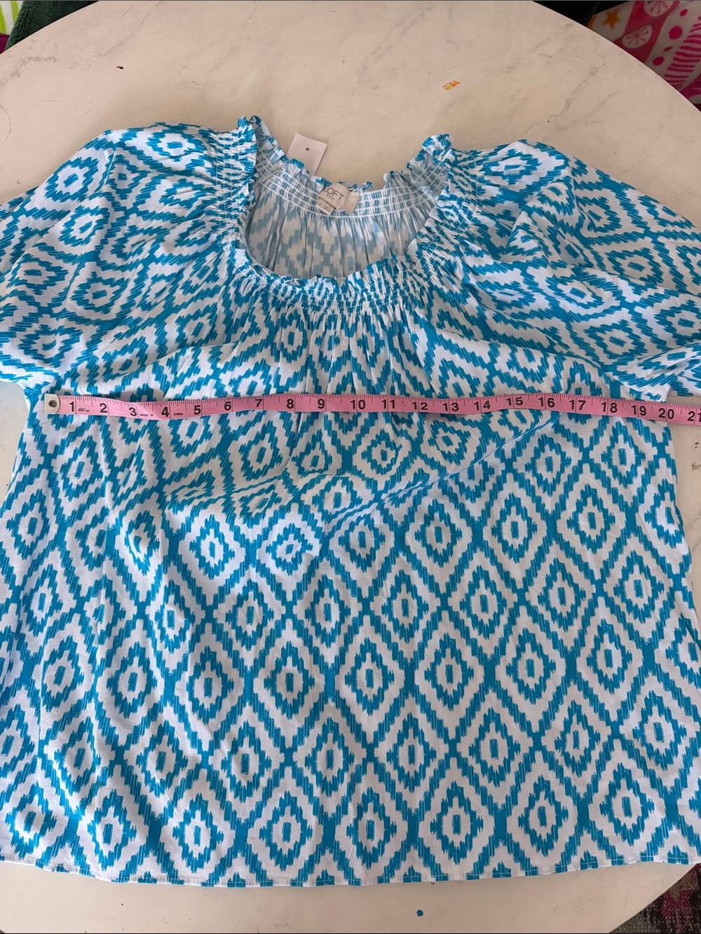 LOFT Turquoise and White Ikat Peasant Top - Picture 7 of 8